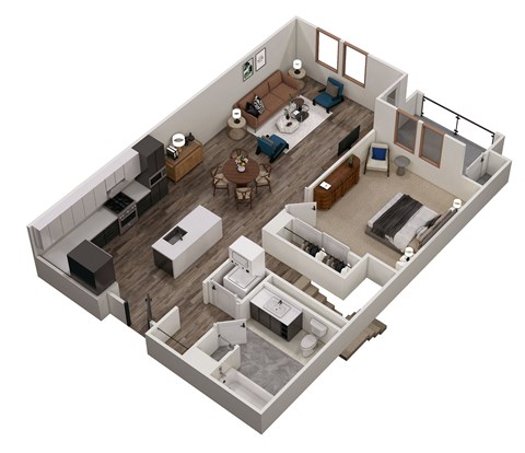 a 3d floor plan of a bedroom with a living room and a dining room